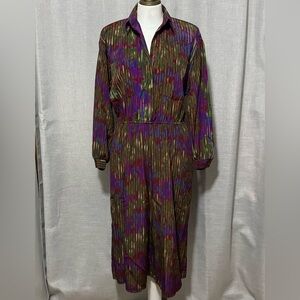 Vintage Dress-Multi Color MCM Vibes Print-Popover-Hidden Button Top Half-Midi